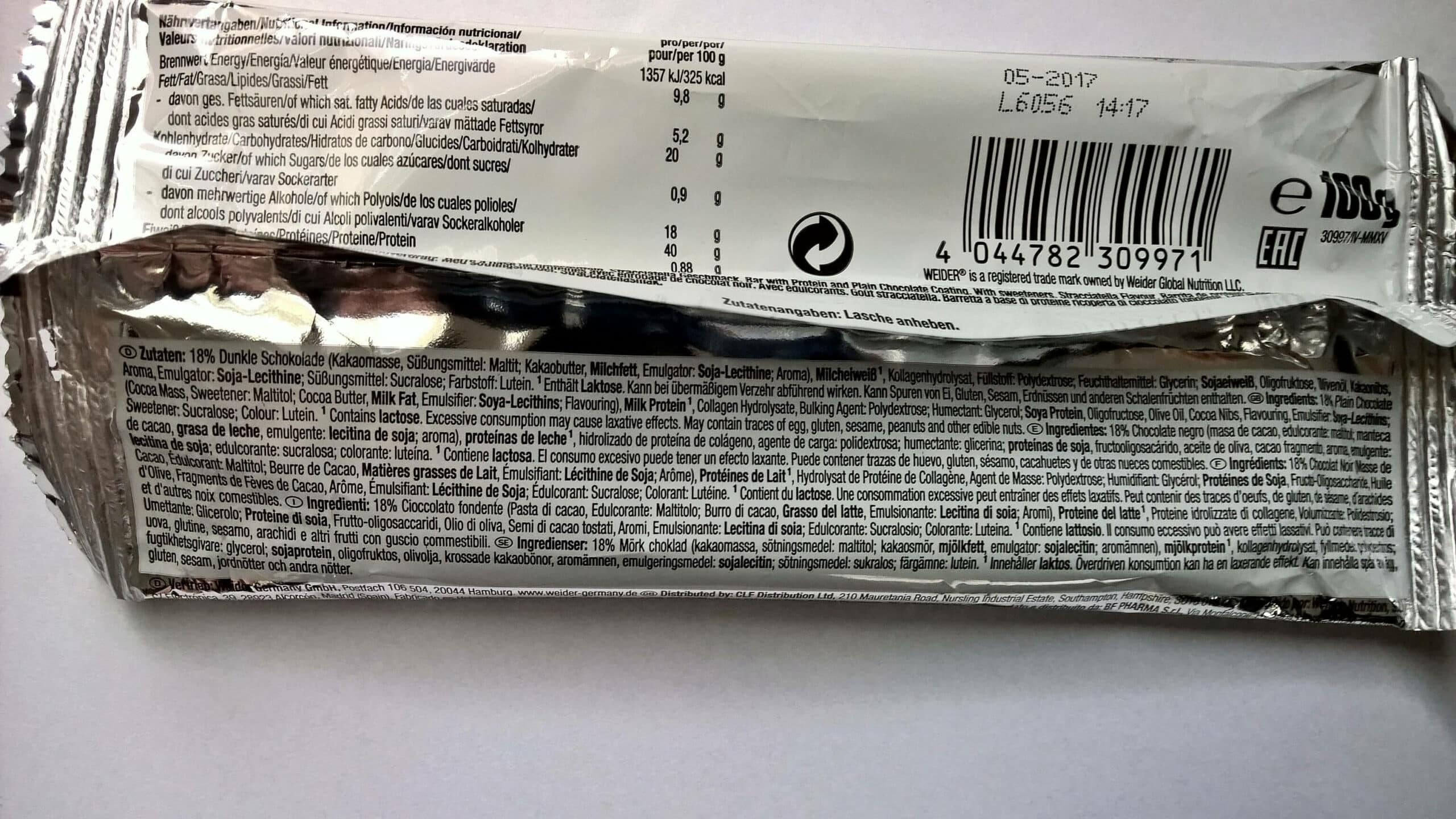 Weider 40% High Protein Low Carb Bar Stracciatella Inhaltsstoffe