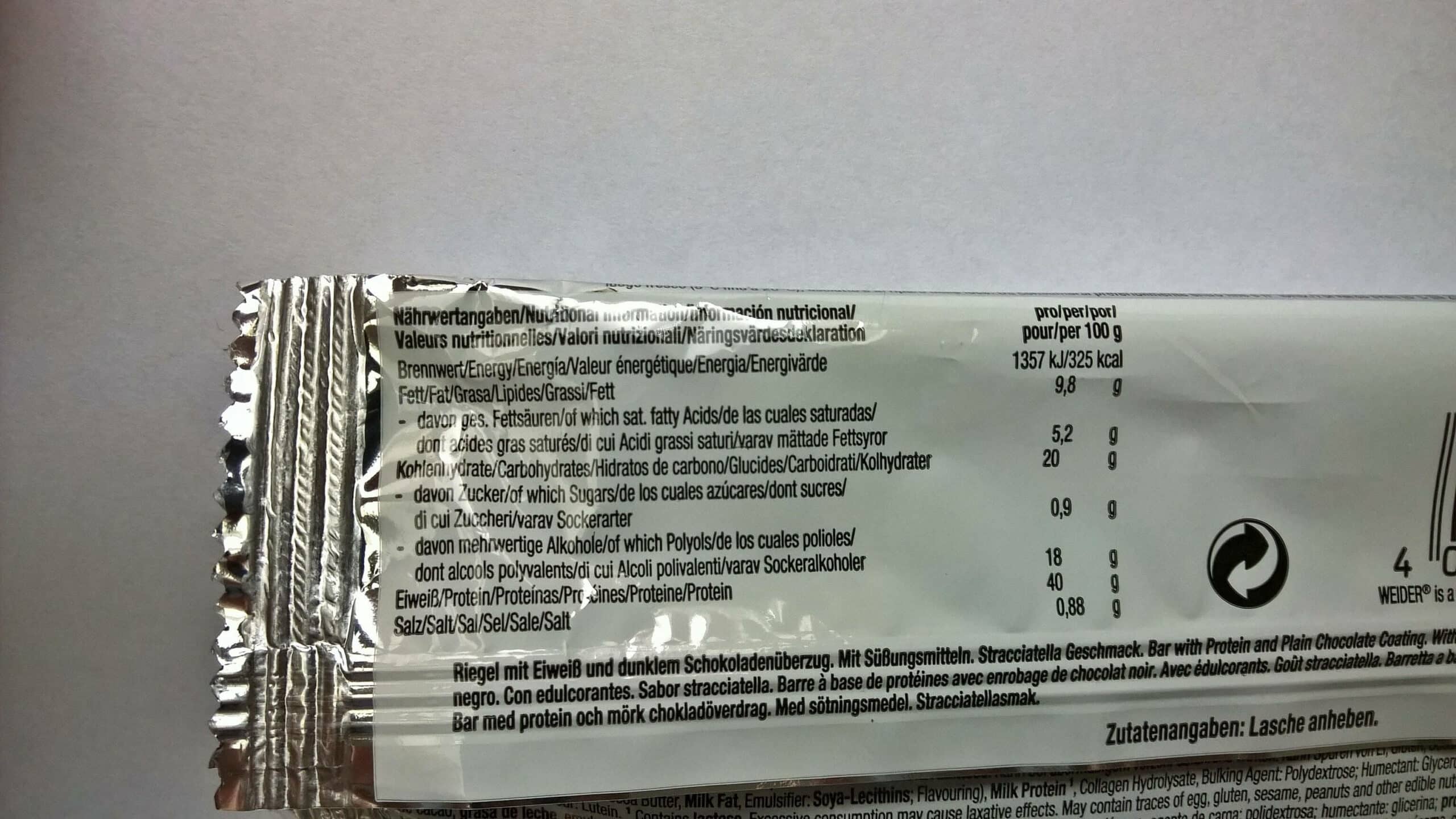 Weider 40% High Protein Low Carb Bar Stracciatella Nährwerte