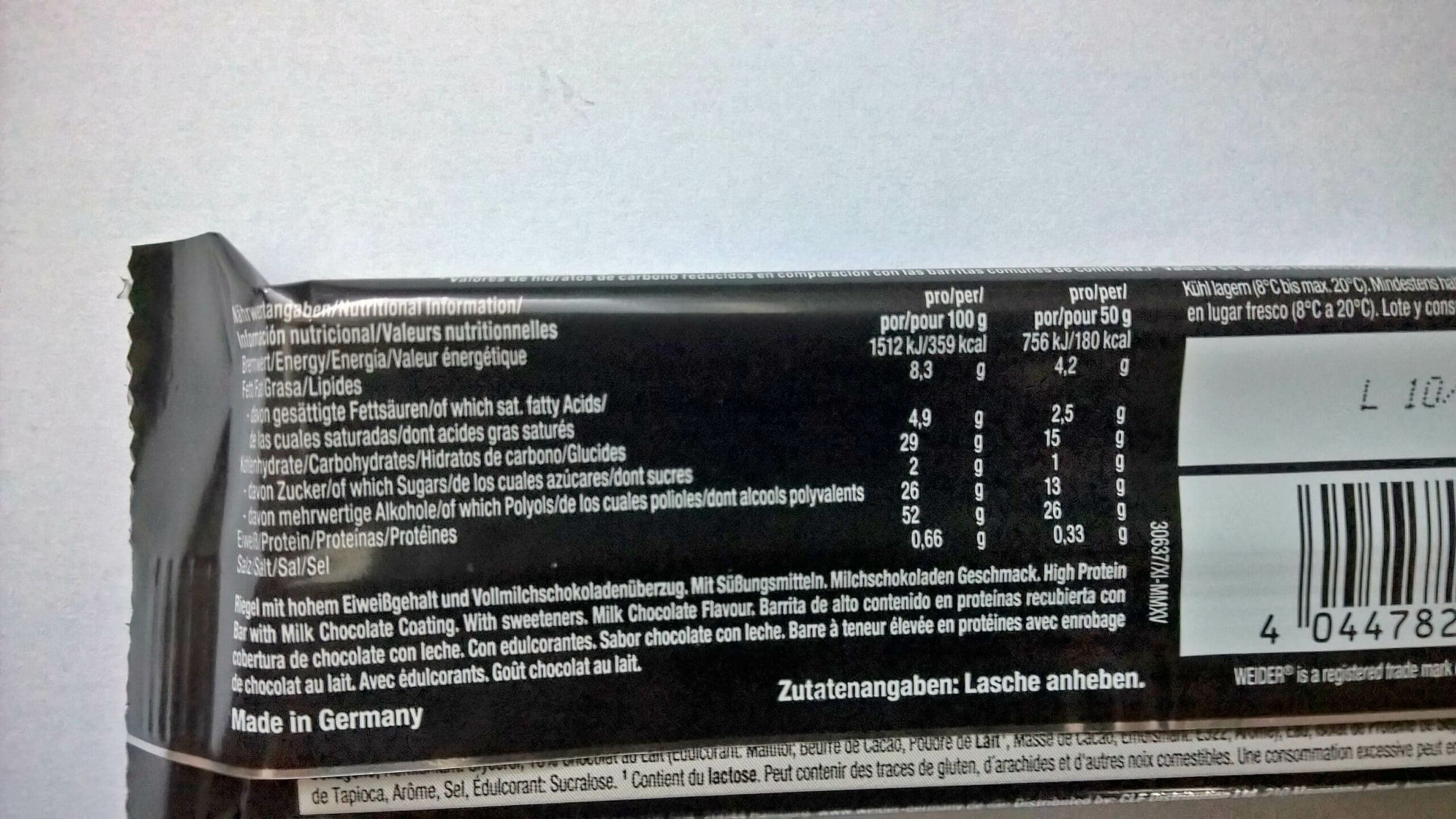 Weider 52% Protein Bar Low Carb Schokolade Nährwerte