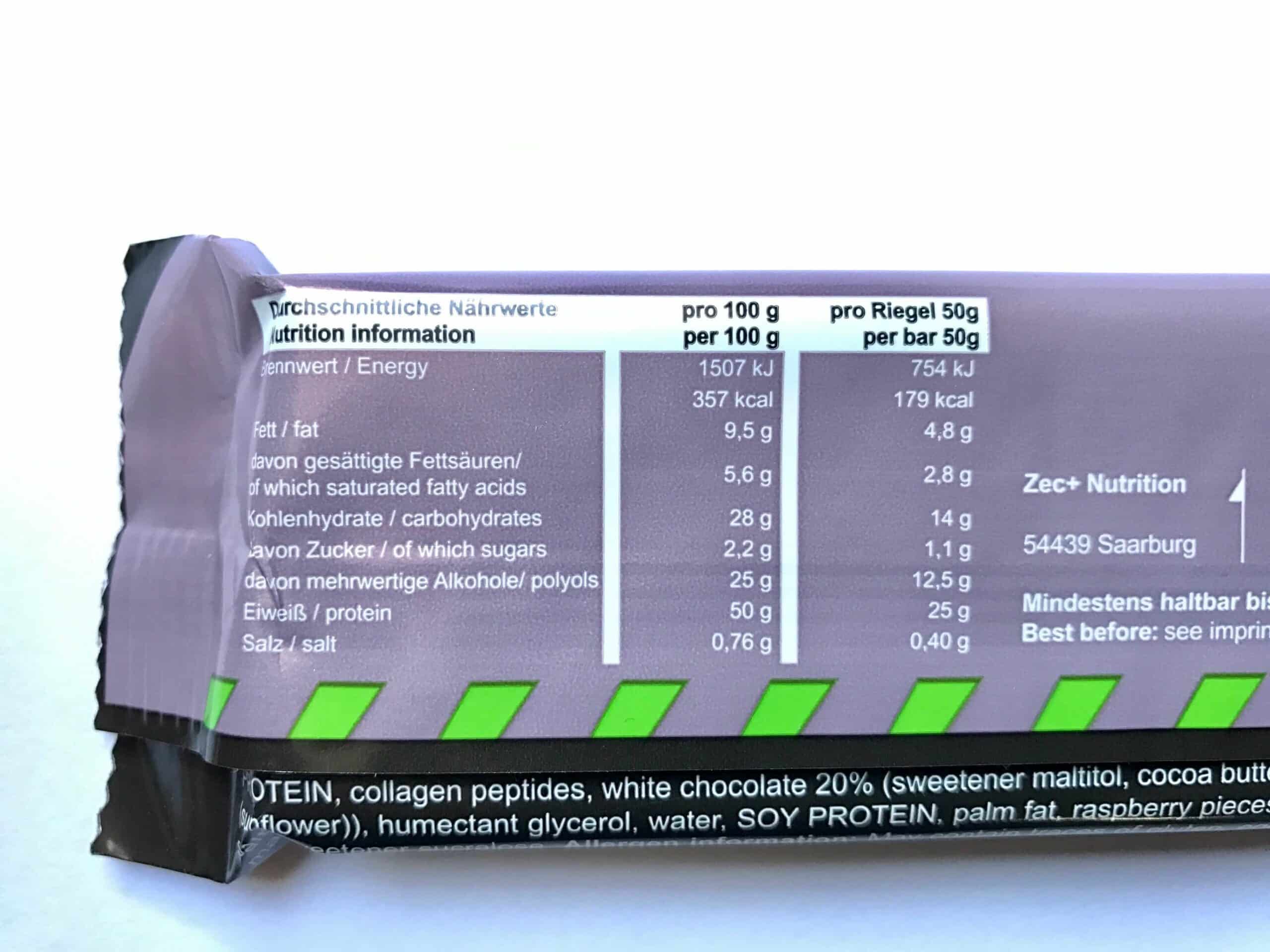 ZEC+ KING'S BAR 50% Protein White Chocolate Raspberry Nährwerte